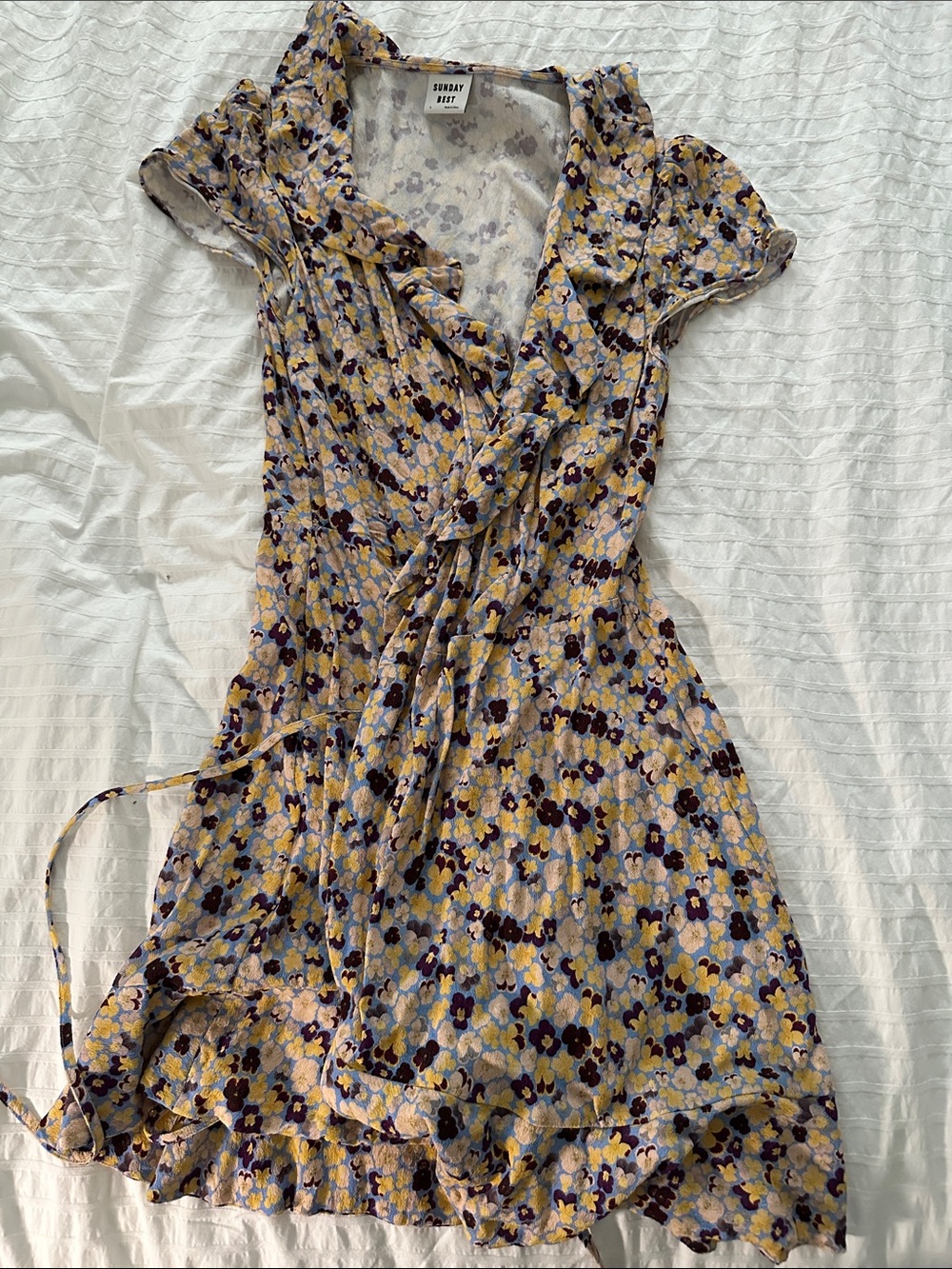 Sunday Best Floral Wrap Dress in Yellow, Blue & Purple